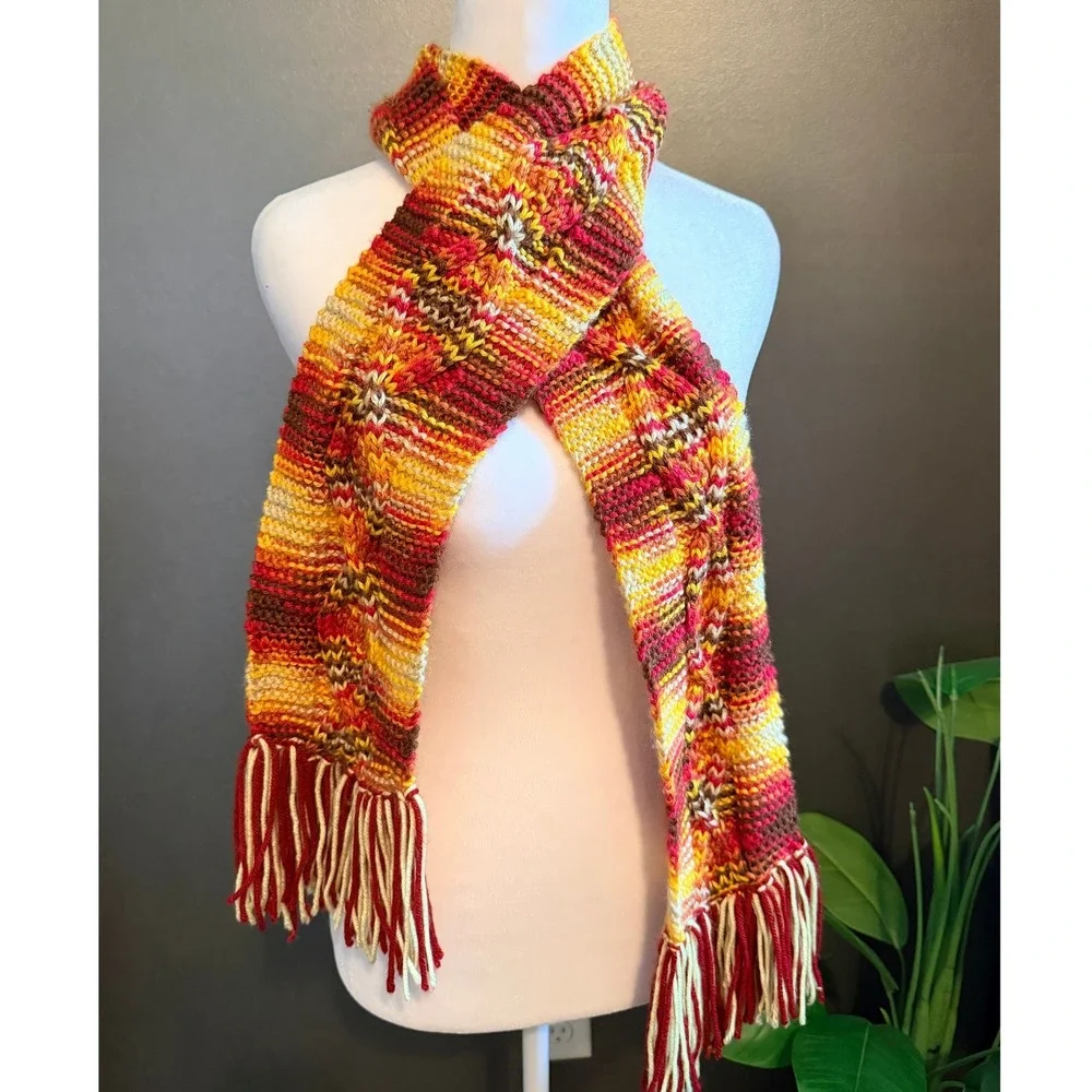 handmade Knit Scarf Women OS Multicolor Excellent Autumn Boho Fringe Cable